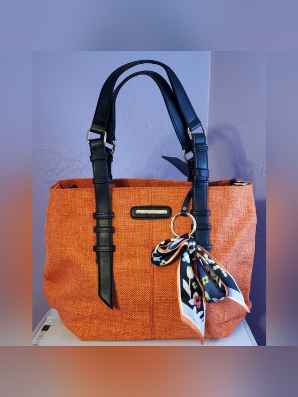 Chic Orange Textured Woven Tote Bag with Black Straps & Scarf Accent